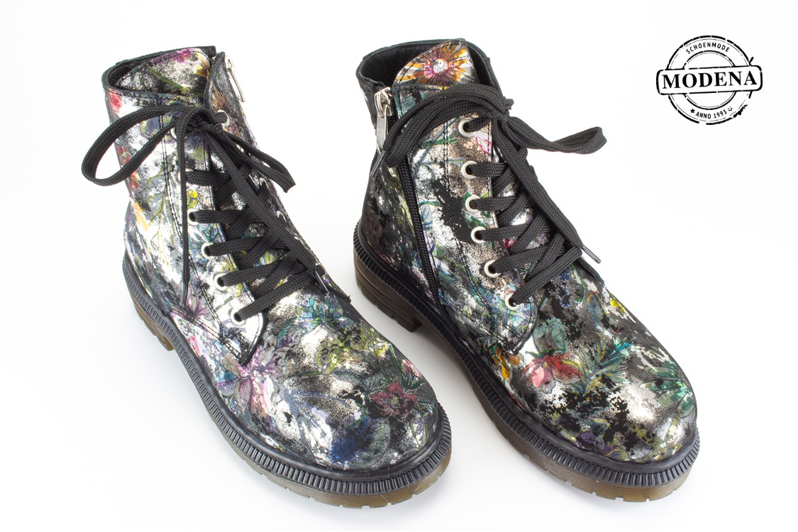 Modena schoenmode - metalic fronsbotje - metalic bloemen veterbotj
